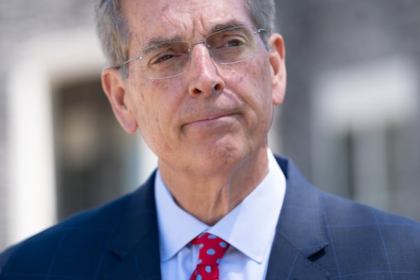 Georgia Secretary of State Brad Raffensperger talks with journalists before a speaking engagement in Buckhead on April 16, 2025. (Ben Gray for The Atlanta Journal-Constitution)