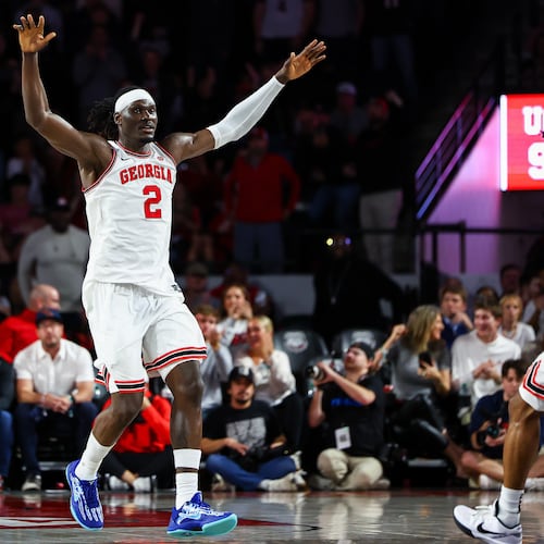 Georgia center Somto Cyril (2) reacts during the second half of an NCAA college basketball game against Auburn, Saturday, Jan. 3, 2026, in Athens, Ga. (AP Photo/Colin Hubbard)