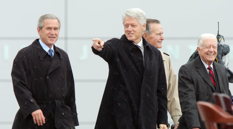 Former Presidents George W. Bush, Bill Clinton, Jimmy Carter will attend Zell Miller’s funeral in Atlanta on Tuesday, March 27, 2018. The former presidents are seen in this 2004 photo along with former President Georgia H.W. Bush.
