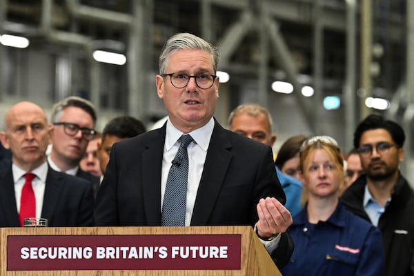 Britain's Prime Minister Keir Starmer delivers his speech during a visit to the BAE Systems'Govan facility, in Glasgow, Scotland, Monday June 2, 2025. (Andy Buchanan, Pool Photo via AP)