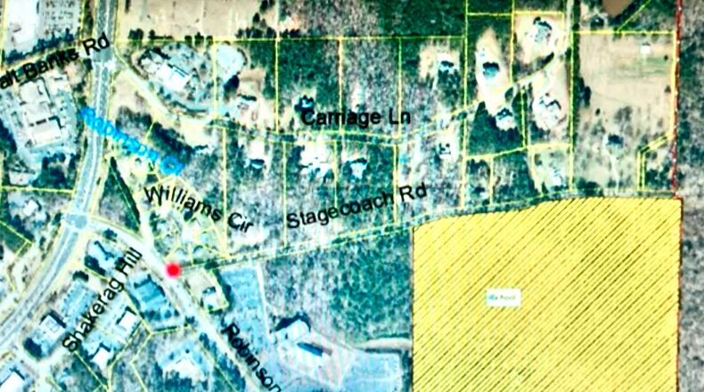 Peachtree City leaders are concerned about traffic at a new middle school (in yellow) causing backups on local roads. Courtesy Peachtree City