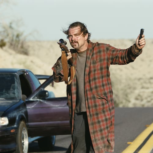 This image released by Warner Bros. Pictures shows Leonardo DiCaprio in a scene from "One Battle After Another." (Warner Bros. Pictures via AP)