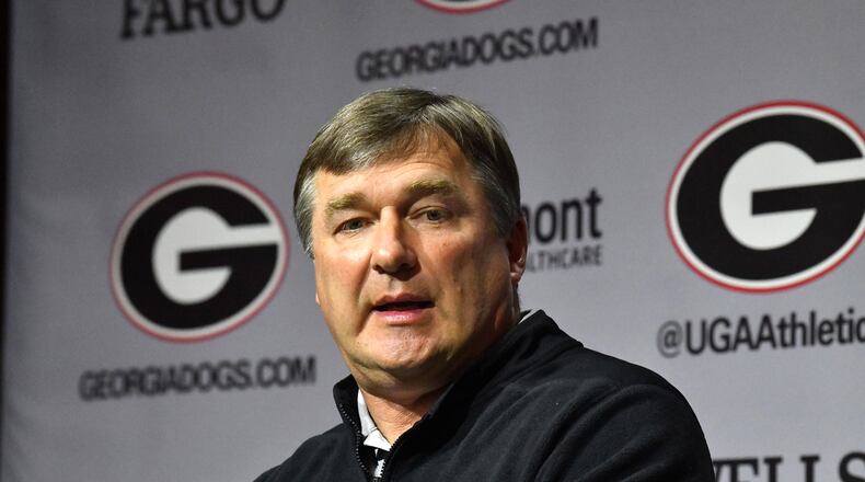 Georgia coach Kirby Smart speaks during a press conference at the Butts-Mehre building ahead of spring practice, Tuesday, March 14, 2023, in Athens. (Hyosub Shin / Hyosub.Shin@ajc.com)