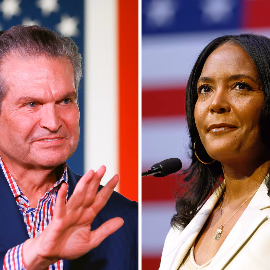 (From left) Republican gubernatorial candidate Rick Jackson at a rally in Columbus on Aug. 13, 2026; Democratic gubernatorial candidate Keisha Lance Bottoms at a rally in Atlanta on May 31, 2026. (Abbey Cutrer for the AJC; Arvin Temkar/AJC)