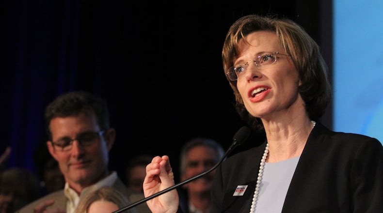 Democratic candidate for U.S. Senate, Michelle Nunn speaks to her supporters after her primary win was announced at an election-night watch party Tuesday, May 20, 2014, in Atlanta. (AP Photos/Akili-Casundria Ramsess) Michelle Nunn, the Democratic candidate for U.S. Senate, speaks to her supporters after her Tuesday nomination. AP/ /Akili-Casundria Ramsess