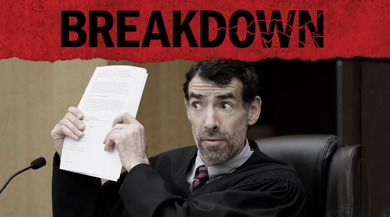 Fulton County Superior Court Judge Robert McBurney reacts to arguments by D.A. Fani Willis during a hearing to decide whether to release the investigation report by a special grand jury into whether former President Donald Trump or his allies criminally interfered in Georgia's 2020 elections. (Miguel Martinez / miguel.martinezjimenez@ajc.com)