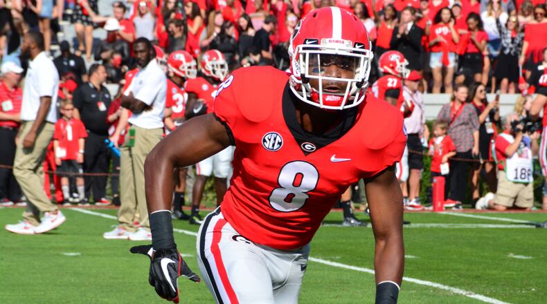 Georgia defensive back Deangelo Gibbs (8) during the Bulldogs' game against South Carolina at Sanford Stadium in Saturday, Nov. 4, 2017, in Athens.