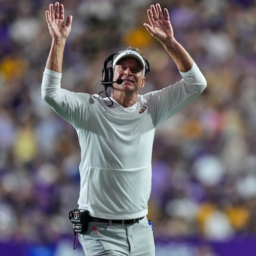 LSU head coach Lane Kiffin reacts in the first half of an NCAA college football game against Clemson, Saturday, Sept. 5, 2026 in Baton Rouge, La. (AP Photo/Gerald Herbert)