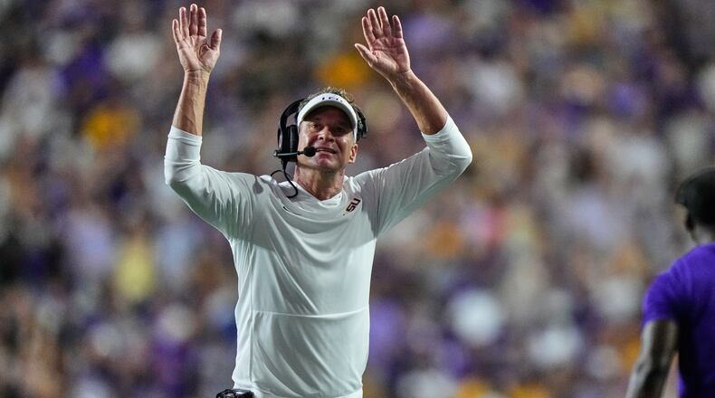 LSU head coach Lane Kiffin reacts in the first half of an NCAA college football game against Clemson, Saturday, Sept. 5, 2026 in Baton Rouge, La. (AP Photo/Gerald Herbert)