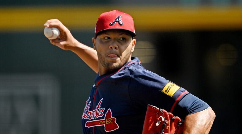 Atlanta Braves relief pitcher Joe Jimenez throws a pitch during spring training workouts at CoolToday Park last season. Jimenez is expected to miss 8-12 months, following offseason knee surgery. (Hyosub Shin / Hyosub.Shin@ajc.com)