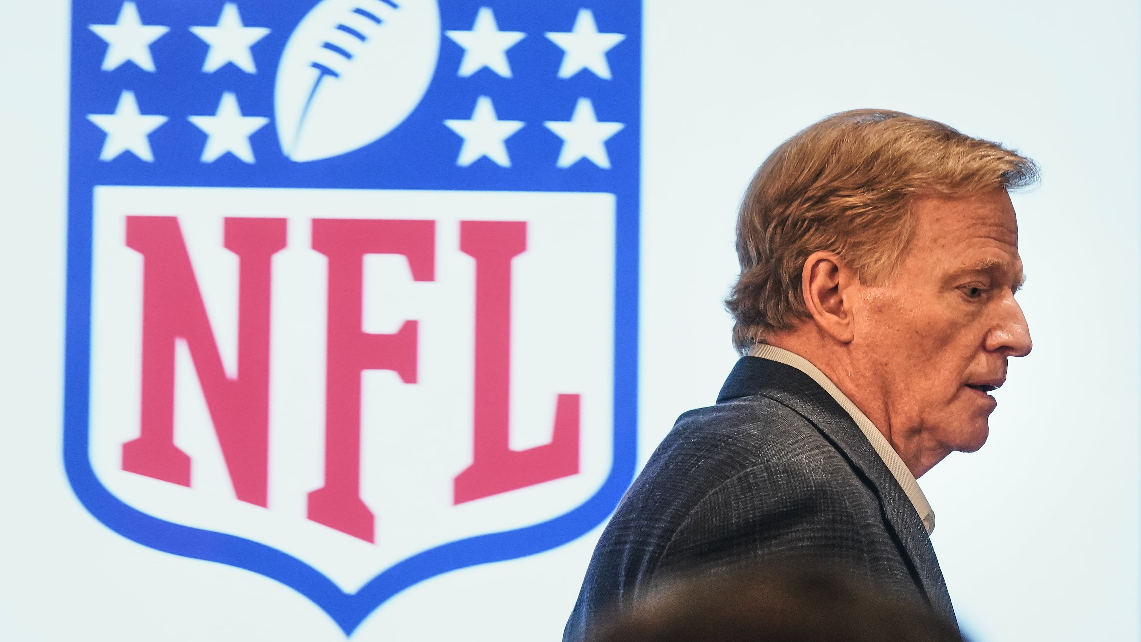 NFL Commissioner Roger Goodell arrives for his news conference at the NFL owners meetings, Wednesday, Oct. 22, 2025, in New York. (AP Photo/Richard Drew