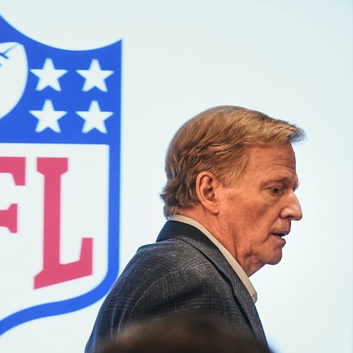 NFL Commissioner Roger Goodell arrives for his news conference at the NFL owners meetings, Wednesday, Oct. 22, 2025, in New York. (AP Photo/Richard Drew