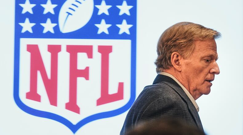 NFL Commissioner Roger Goodell arrives for his news conference at the NFL owners meetings, Wednesday, Oct. 22, 2025, in New York. (AP Photo/Richard Drew