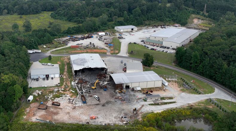 An aerial photo from Wednesday, Sept. 20, 2023, shows the remnants of Metro Site’s recycling facility that burned down in Commerce. (Hyosub Shin/AJC)