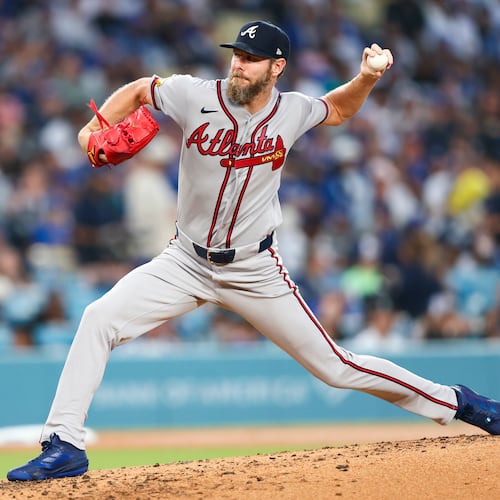 Braves pitcher Chris Sale throws against the Dodgers on Friday, May 8, 2026, in Los Angeles. Sale went seven innings and struck out seven. (Jessie Alcheh/AP)