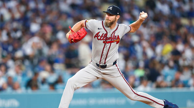 Braves pitcher Chris Sale throws against the Dodgers on Friday, May 8, 2026, in Los Angeles. Sale went seven innings and struck out seven. (Jessie Alcheh/AP)