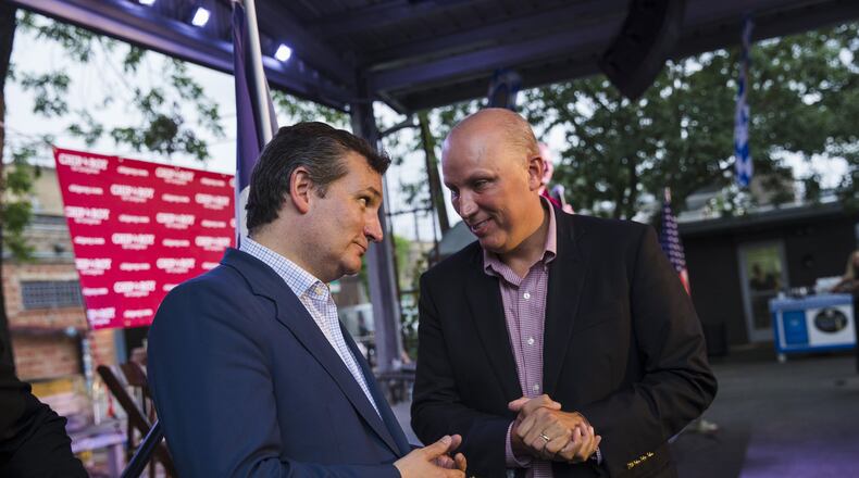 Then-congressional candidate Chip Roy, right, talks with U.S. Sen. Ted Cruz during Roy’s campaign rally for the 21st Congressional District in May at Krause’s Cafe in New Braunfels.