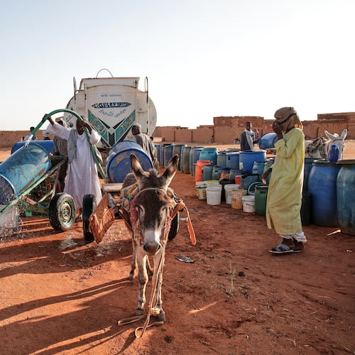 FILE - People fill water containers at a free distribution point due to water outages in Khartoum, Sudan, on Jan. 30, 2026. (AP Photo/Marwan Ali, File)