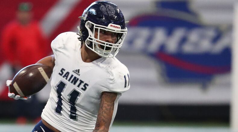Cedar Grove wide receiver Jadon Haselwood (11) during the state Class AAA championship game Tuesday, Dec. 11, 2018, against Peach County at Mercedes-Benz Stadium.