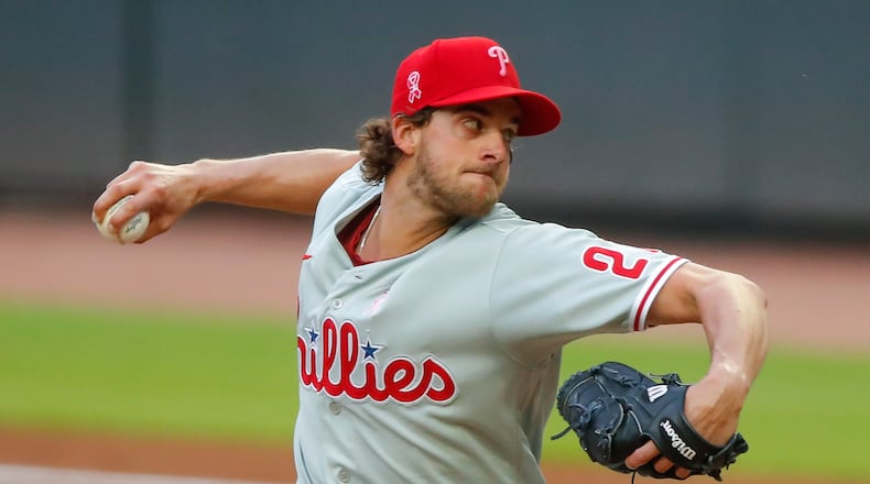 Aaron Nola #27 of the Philadelphia Phillies delivers a pitch in the first inning of an MLB game against the Atlanta Braves at Truist Park on May 9, 2021, in Atlanta, Georgia. (Todd Kirkland/Getty Images/TNS)
