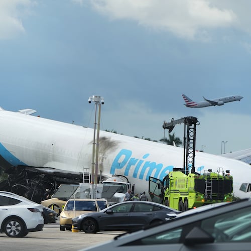 An Amazon cargo plane sits at the Miami International Airport (MIA) Monday, Sept. 7, 2026, after it overshot the runway on Sunday, in Miami. (AP Photo/Lynne Sladky)