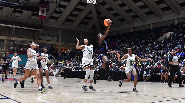 Westlake's Raven Johnson (25) goes to the basket for a shot during 2020 GHSA State Basketball Class Championship game at the Macon Centreplex in Macon on Saturday, March 7, 2020. Westlake won 72-53 over Collins Hill. (Hyosub Shin / Hyosub.Shin@ajc.com)