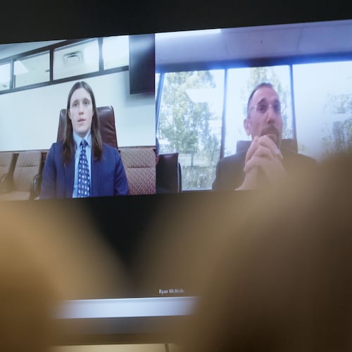 A video interview with Lance Twiggs, Tyler Robinson's roommate and reported romantic partner, is shown during a preliminary hearing for Tyler Robinson, who is accused in the fatal shooting of Charlie Kirk, at the Fourth District Courthouse in Provo, Utah, Thursday, July 9, 2026. (AP Photo/Spenser Heaps, Pool)
