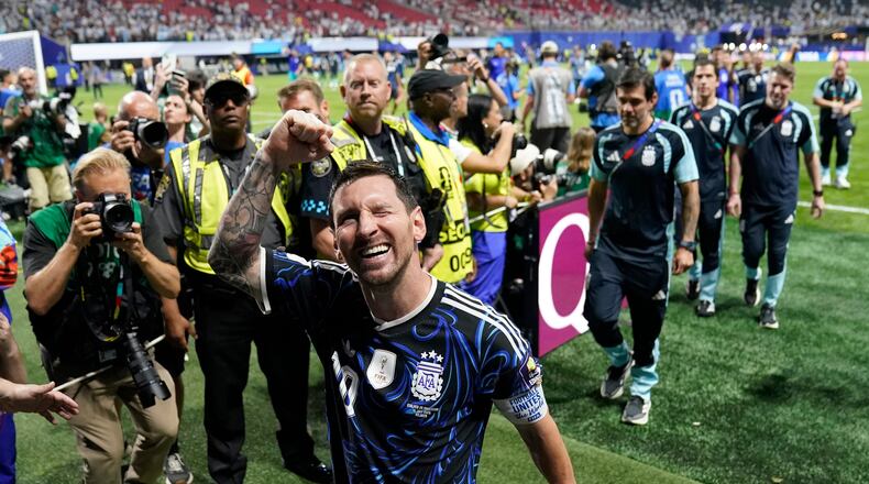 Argentina's Lionel Messi (10) reacts as he leaves the ground after their win in the World Cup semifinal soccer match between England and Argentina in Atlanta, Wednesday, July 15, 2026. (AP Photo/Jacob Kupferman)