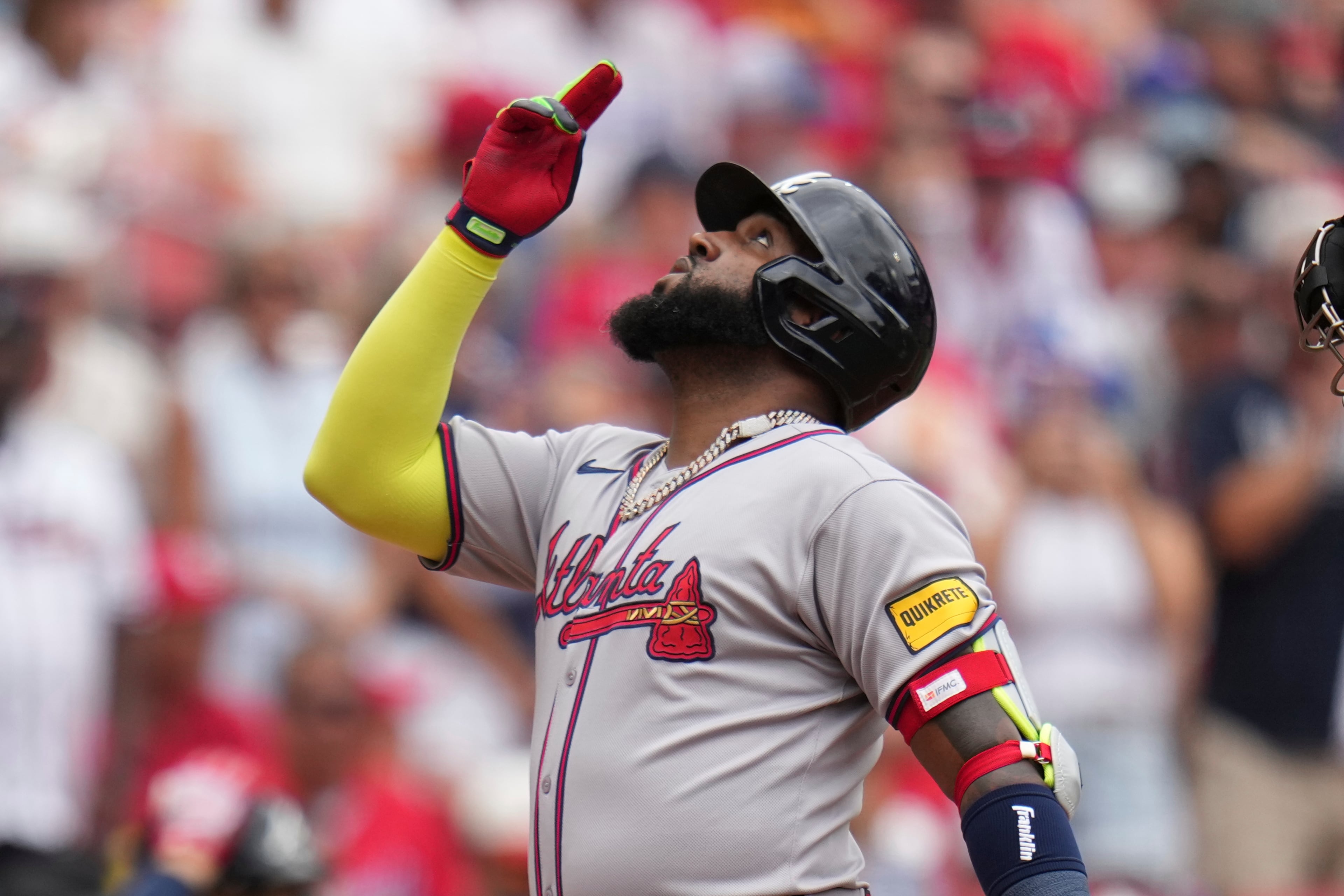 Braves designated hitter Marcell Ozuna arrives home after hitting a solo home run against the Cardinals on Saturday, July 12, 2025, in St. Louis. (Jeff Roberson/AP)