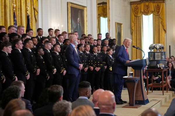 President Donald Trump speaks during the Commander-in-Chief trophy presentation to the Navy Midshipman football team in the East Room of the White House, Tuesday, April 15, 2025, in Washington. (AP Photo/Manuel Balce Ceneta)