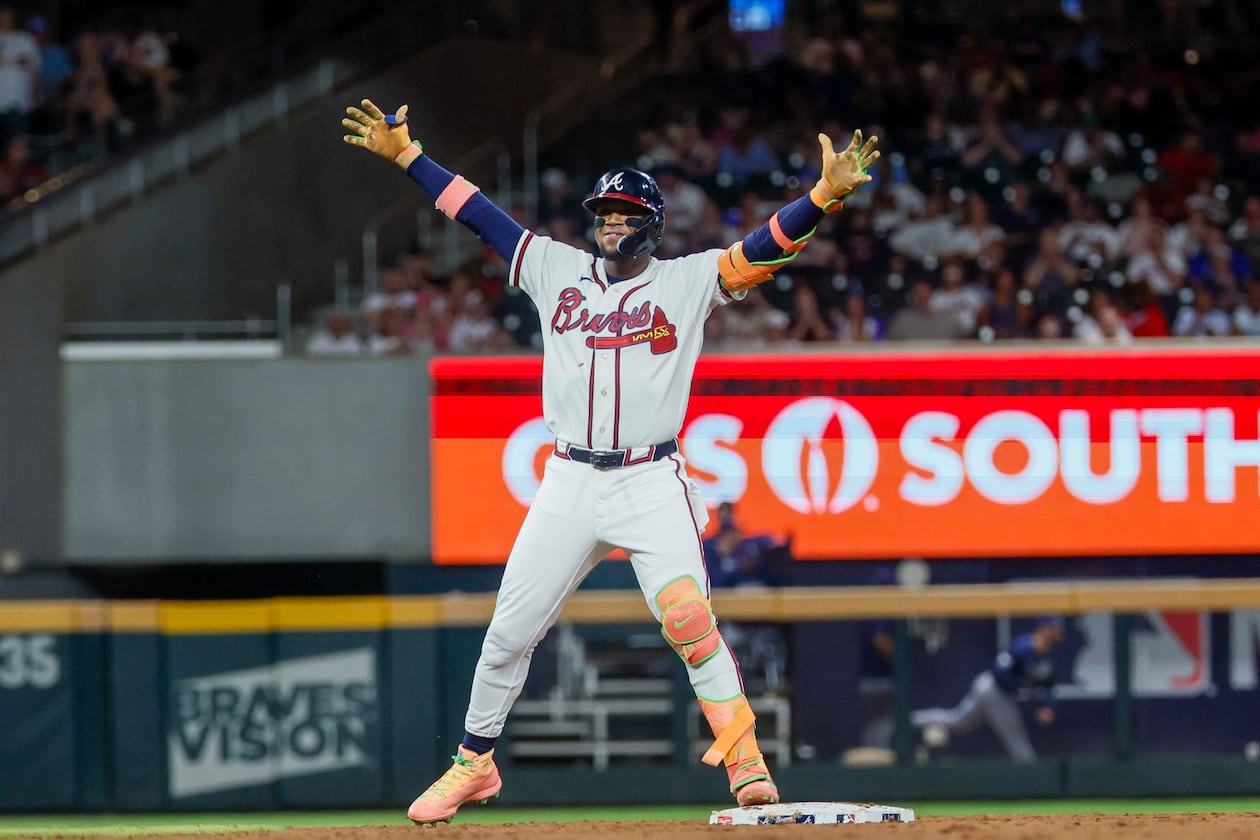Atlanta Braves right fielder Ronald Acuña Jr. celebrates after a double in the sixth inning against the Tampa Bay Rays at Truist Park on Wednesday, Sep. 9, 2026, in Atlanta. (Miguel Martinez/AJC)