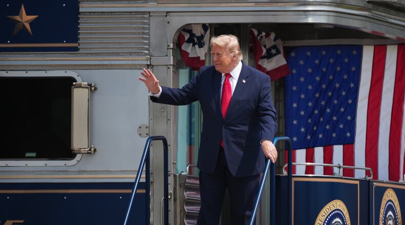 President Donald Trump arrives at the opening of the Theodore Roosevelt Presidential Library on the Freedom 250 train, Wednesday, July 1, 2026, in Medora, N.D. (AP Photo/Matt Rourke)