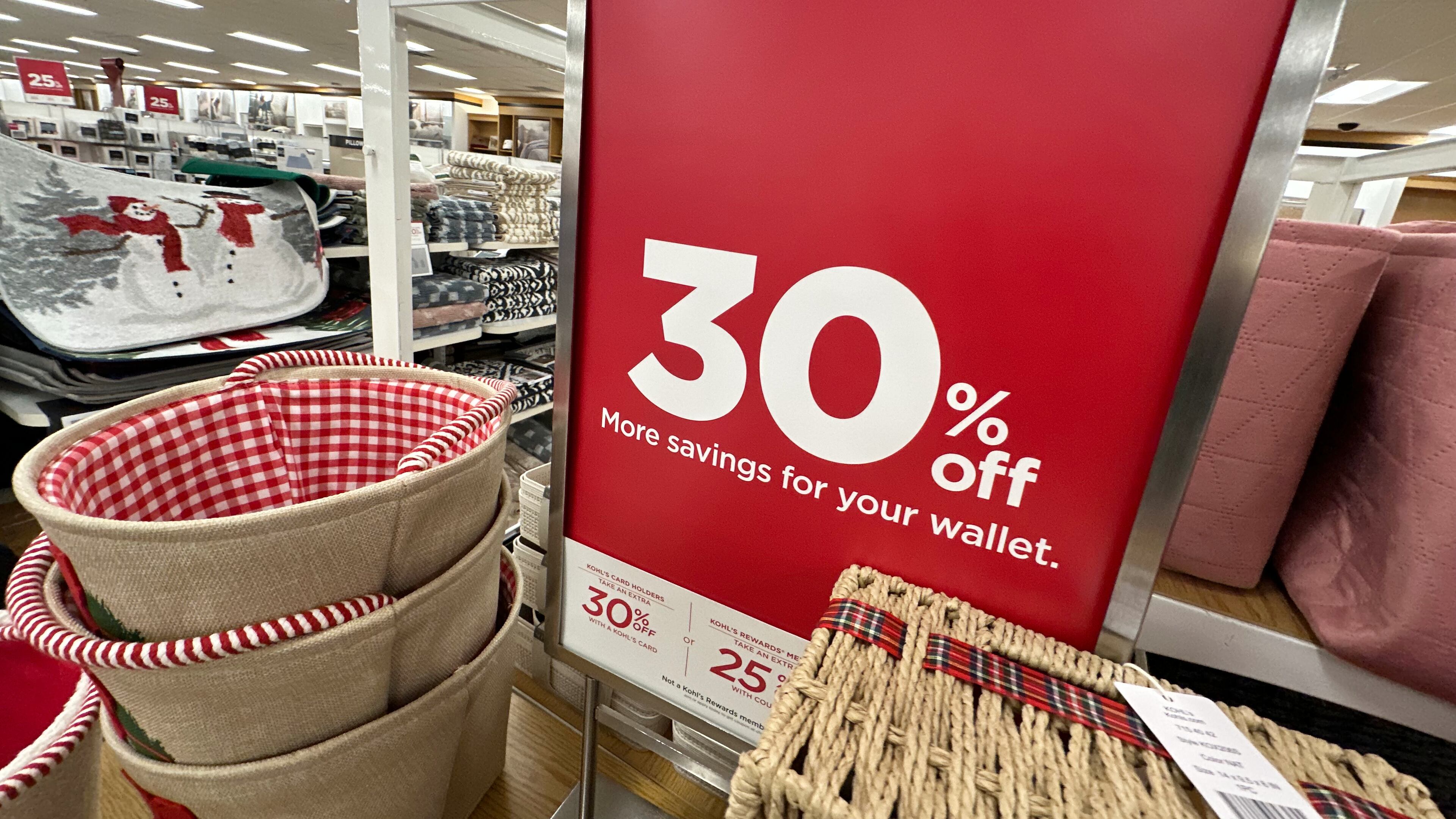 Sign shows discount available on seasonal items in a Kohl's department store, Monday, Dec. 8, 2025, in Castle Rock, Colo. (AP Photo/David Zalubowski)