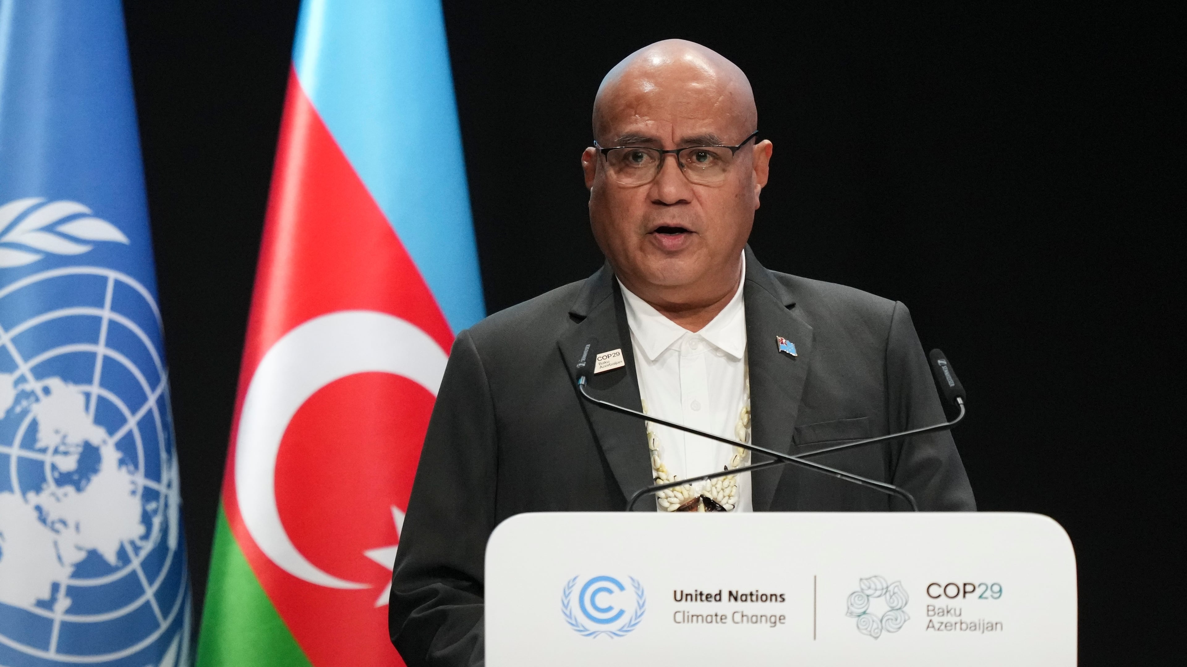 FILE - Tuvalu Prime Minister Feleti Teo speaks during a plenary session at the COP29 U.N. Climate Summit, Wednesday, Nov. 13, 2024, in Baku, Azerbaijan. (AP Photo/Sergei Grits, File)