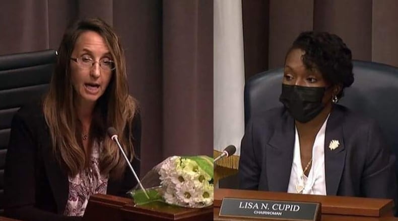 Cobb County Commissioner Keli Gambrill, left, was opposed to a revision to the county's policy for paid administrative leave Tuesday. The Board of Commissioners passed a policy initiative to give vaccinated employees up to 80 hours in leave time for COVID-related issues. Commission Chairwoman Lisa Cupid, right, spoke out in support of the measure. (Screenshot: Cobb County Government)