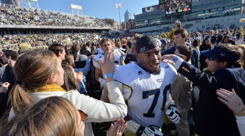 Georgia Tech guard Shaquille Mason is the most decorated Yellow Jackets offensive lineman since Chris Brown was named to five All-America teams in 2000. (HYOSUB SHIN/AJC)