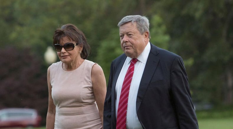 Viktor Knavs and Amalija Knavs, parents of the first lady Melania Trump, arrive at the White House with the first family June 11, 2017 in Washington, DC.