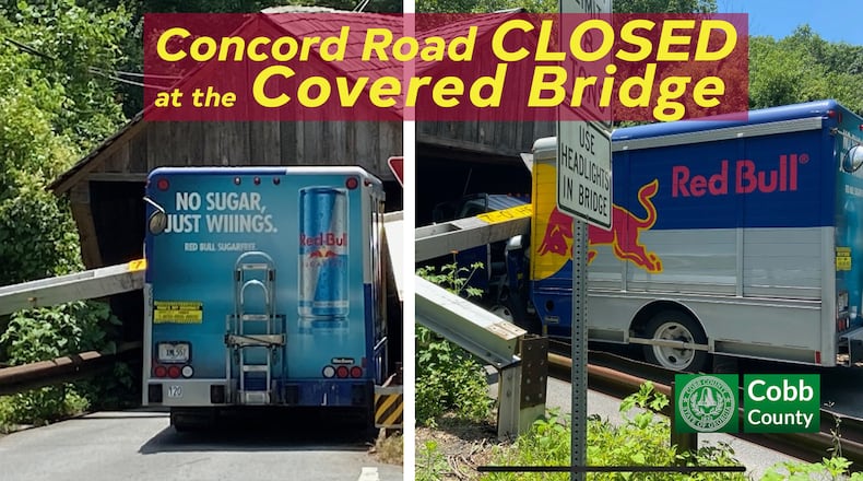 A Red Bull delivery truck crashed into a protective beam at the base of the Covered Bridge at Concord Road near Smyrna on Wednesday, June 23, 2021.
