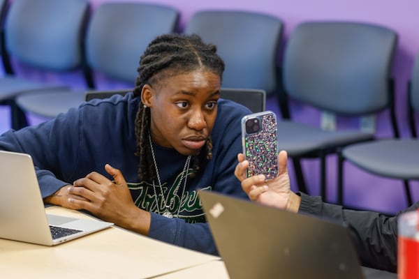 Entrepreneur Kiandra Peart interacts with another participant during the AI Fundamentals for Digital Natives program put on by Beyond Code Collective at Advanced Technology Development Center at Tech Square in Atlanta on June 5, 2026. (Arvin Temkar/AJC)