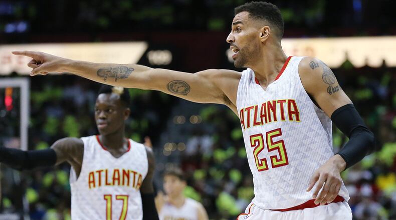 Hawks’ Thabo Sefolosha makes a point against the Celtics in game one of their NBA Eastern Conference first-round playoff game at Philips Arena on April 16, 2016. Curtis Compton / ccompton@ajc.com