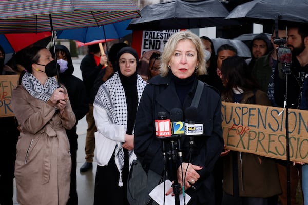 Emory University Professor Noëlle McAfee speaks in support of Palestinian-American medical student Umaymah Mohammad during a press conference at Emory University on Tuesday, Feb. 11, 2025. (Miguel Martinez/AJC)