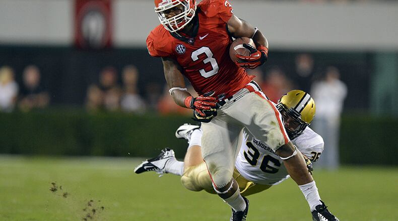 Georgia running back Todd Gurley appeared in 14 games last season, making 12 starts, rushing for 1,385 yards - which ranks sixth in school history.