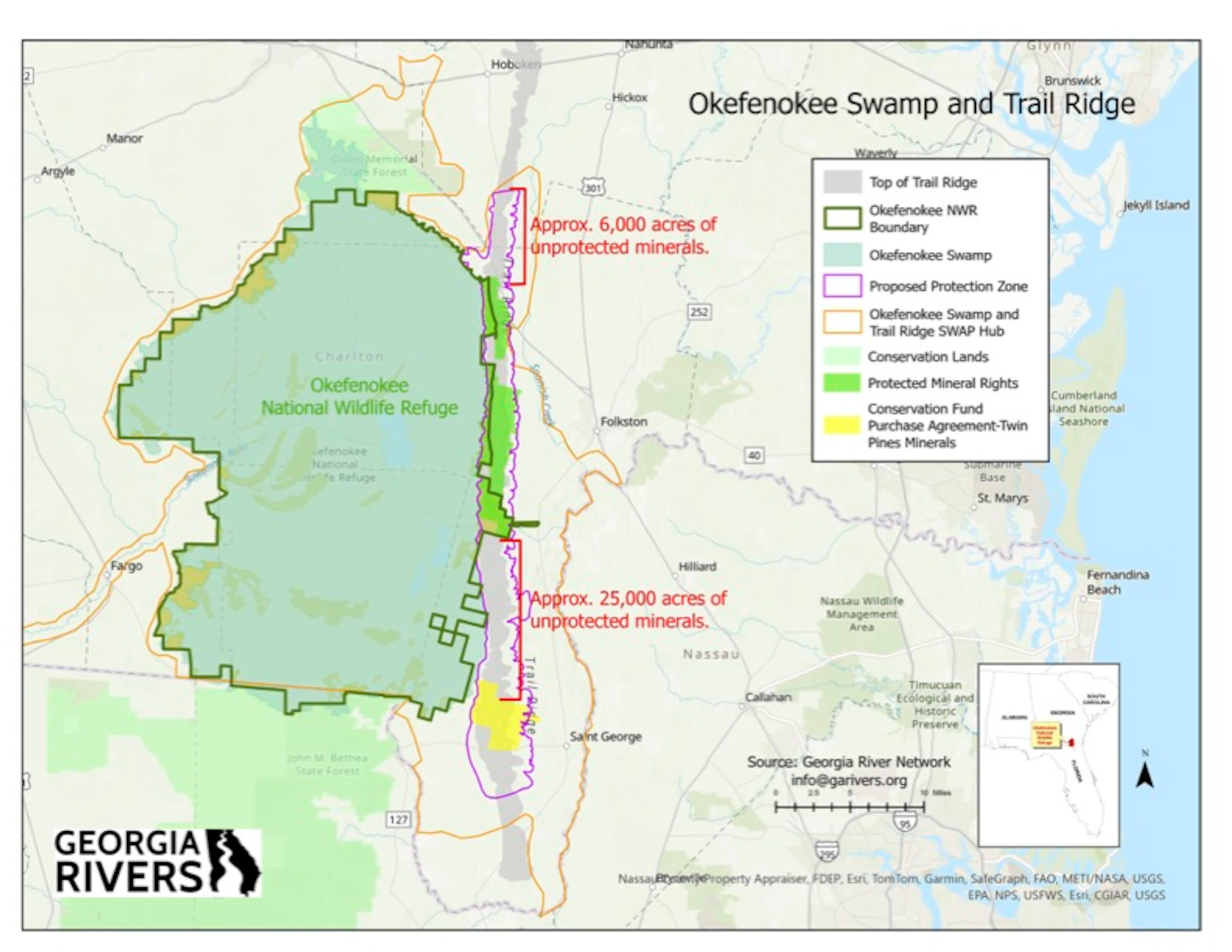 A map from Georgia Rivers shows the areas of Trail Ridge that are unprotected and could still be subject to mining operations. (Courtesy of Georgia Rivers)