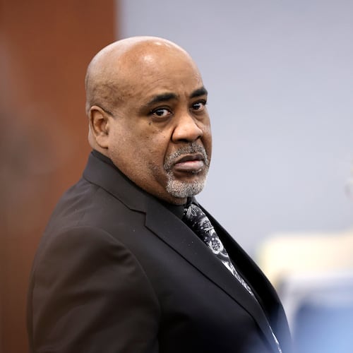 Duane Davis stands during a break in closing arguments during his murder trial, related to the 1996 killing of rapper Tupac Shakur, in Clark County District Court at the Regional Justice Center in Las Vegas, Monday, Aug. 31, 2026. (Steve Marcus/Pool Photo via AP)