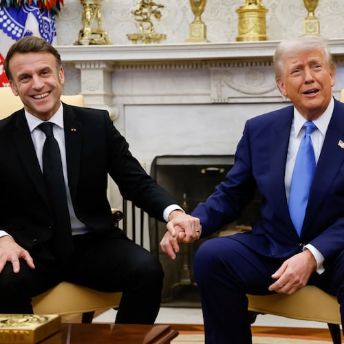 FILE - President Donald Trump, right, meets with France's President Emmanuel Macron in the Oval Office of the White House in Washington, Feb. 24, 2025. (Ludovic Marin/Pool via AP, file)