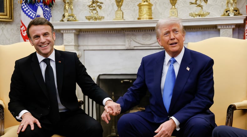 FILE - President Donald Trump, right, meets with France's President Emmanuel Macron in the Oval Office of the White House in Washington, Feb. 24, 2025. (Ludovic Marin/Pool via AP, file)