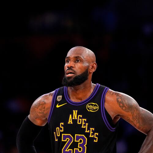 FILE - Los Angeles Lakers forward LeBron James stands on the court in the closing minutes of Game 4 in a second-round NBA basketball playoffs series against the Oklahoma City Thunder, May 11, 2026, in Los Angeles. (AP Photo/Mark J. Terrill, File)