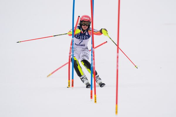 Germany's Lena Duerr skis during a women's slalom run at the World Cup Finals, Thursday, March 27, 2025, in Sun Valley, Idaho. (AP Photo/Robert F. Bukaty)