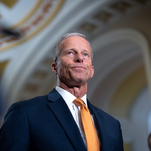 Senate Majority Leader John Thune, R-S.D., speaks with reporters following a closed-door meeting of Senate Republicans on day 28 of the government shutdown, at the Capitol in Washington, Tuesday, Oct. 28, 2025. (AP Photo/J. Scott Applewhite)