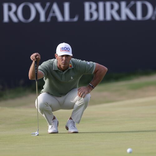 FILE - Billy Horschel of the United States looks at the lie of his putt on the 18th green during the first day of the British Open Golf championships at Royal Birkdale golf club, in Southport, England, Thursday, July 16, 2026. (AP Photo/Peter Morrison, File)